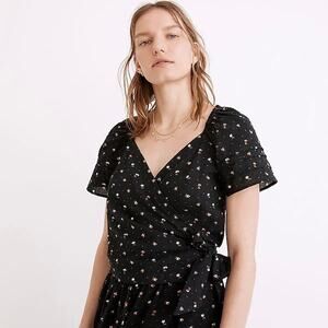 MADEWELL Floral Swiss Dot Ruffle Sleeve Wrap Top Navy Blue XS